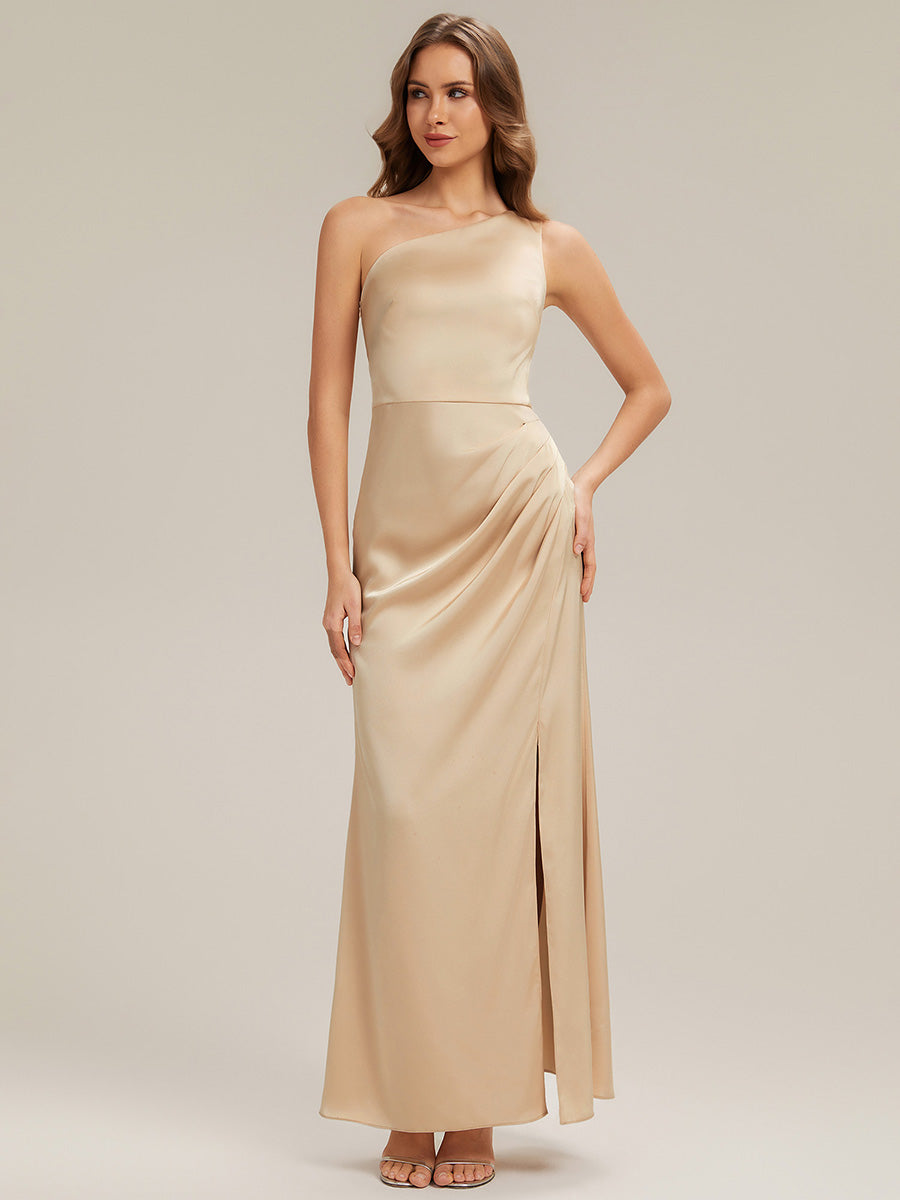 Thigh-High Slit Satin Sleeveless Bridesmaid Dress #color_Champagne