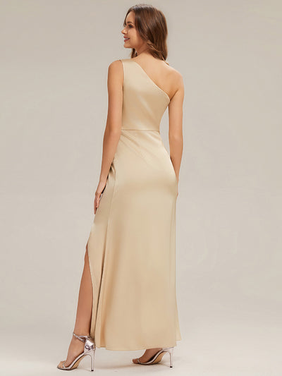 Thigh-High Slit Satin Sleeveless Bridesmaid Dress #color_Champagne
