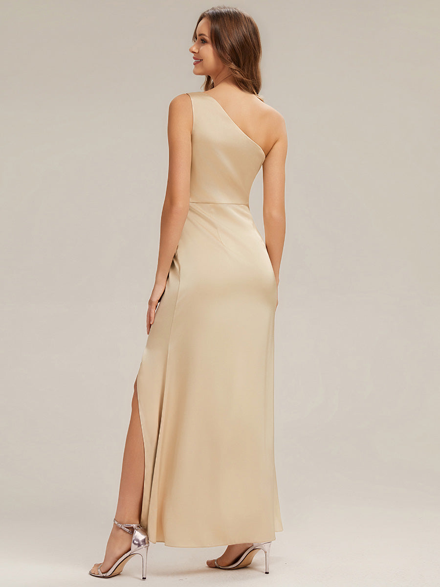 Thigh-High Slit Satin Sleeveless Bridesmaid Dress #color_Champagne