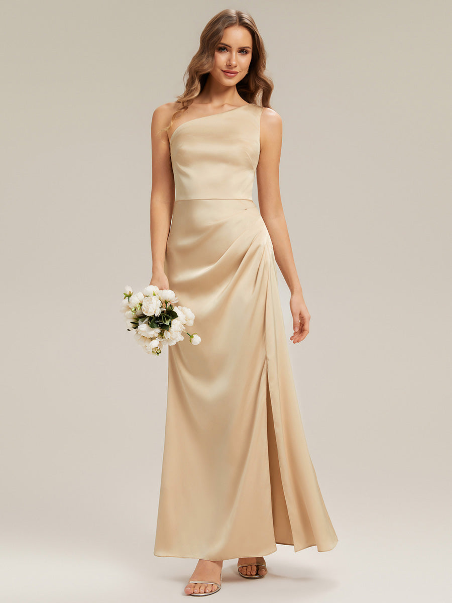 Thigh-High Slit Satin Sleeveless Bridesmaid Dress #color_Champagne