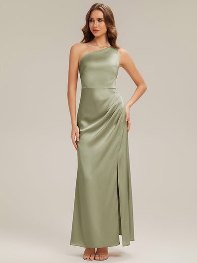 Thigh-High Slit One-Shoulder Satin Sleeveless Bridesmaid Dress