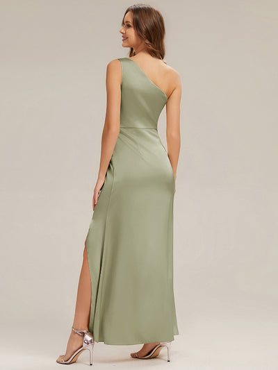 Thigh-High Slit Satin Sleeveless Bridesmaid Dress #color_Sage Green