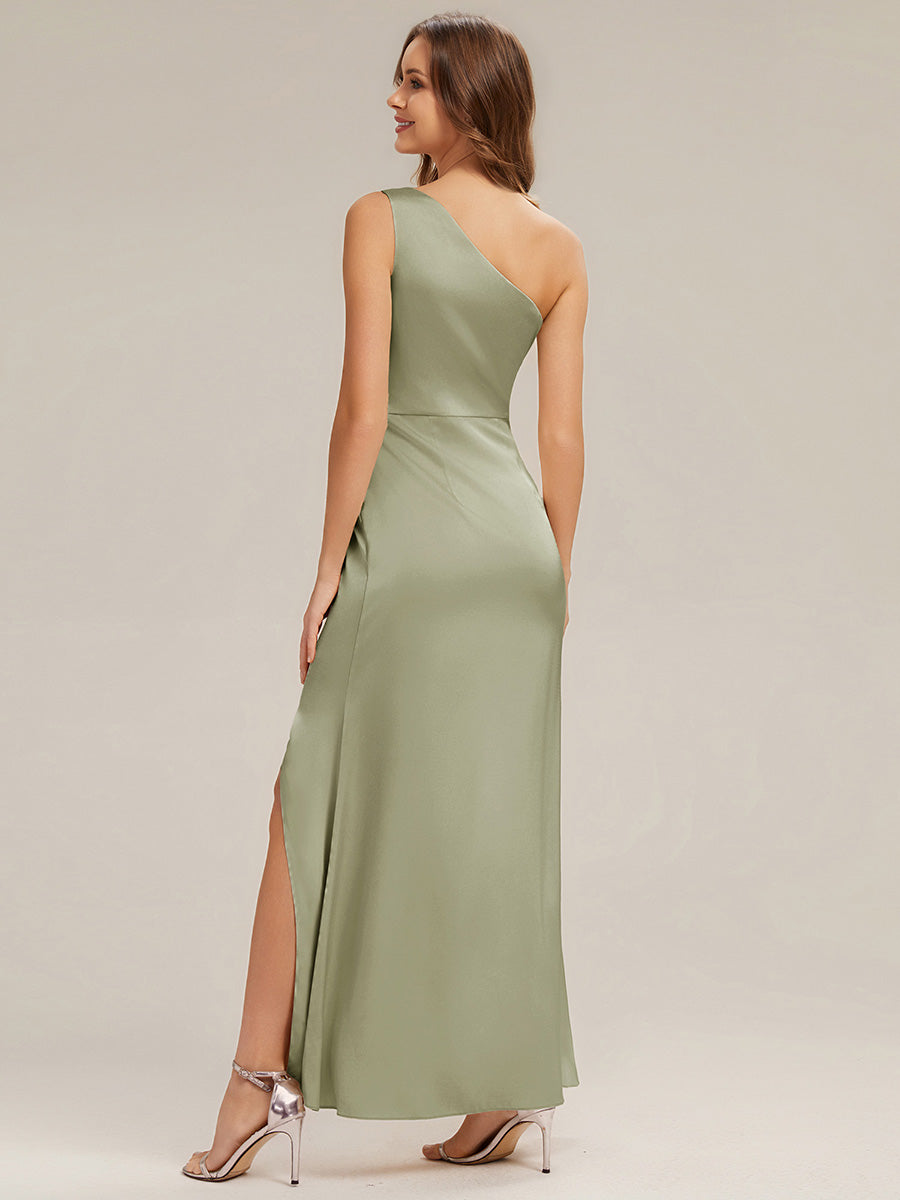 Thigh-High Slit Satin Sleeveless Bridesmaid Dress #color_Sage Green