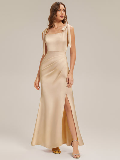 Flowing Ribbons Satin Sleeveless Bridesmaid Dress #color_Champagne