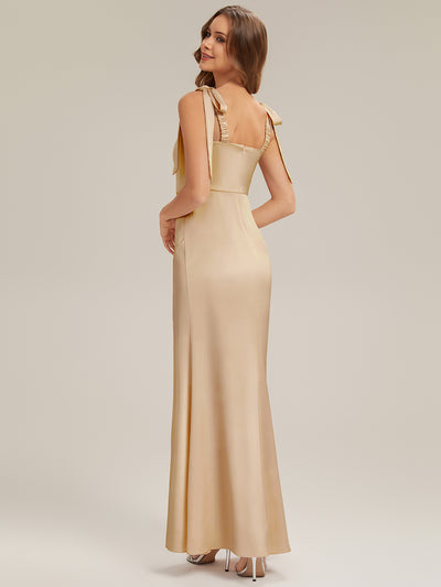 Flowing Ribbons Satin Sleeveless Bridesmaid Dress #color_Champagne