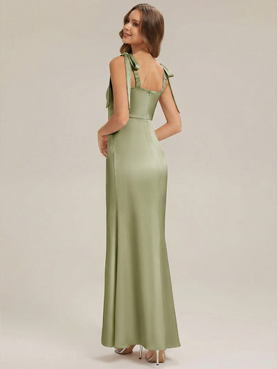 Flowing Ribbons Satin Sleeveless Bridesmaid Dress #color_Sage Green