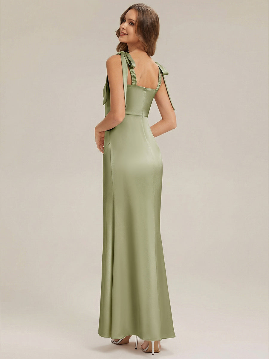 Flowing Ribbons Satin Sleeveless Bridesmaid Dress #color_Sage Green