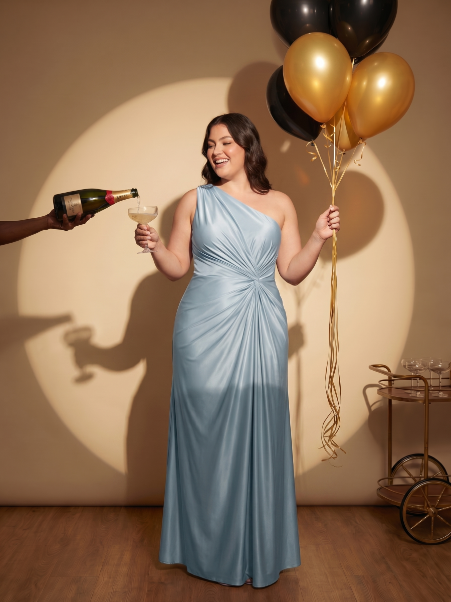 Plus Size Knotted Satin Bridesmaid Dress #color_Sky Blue