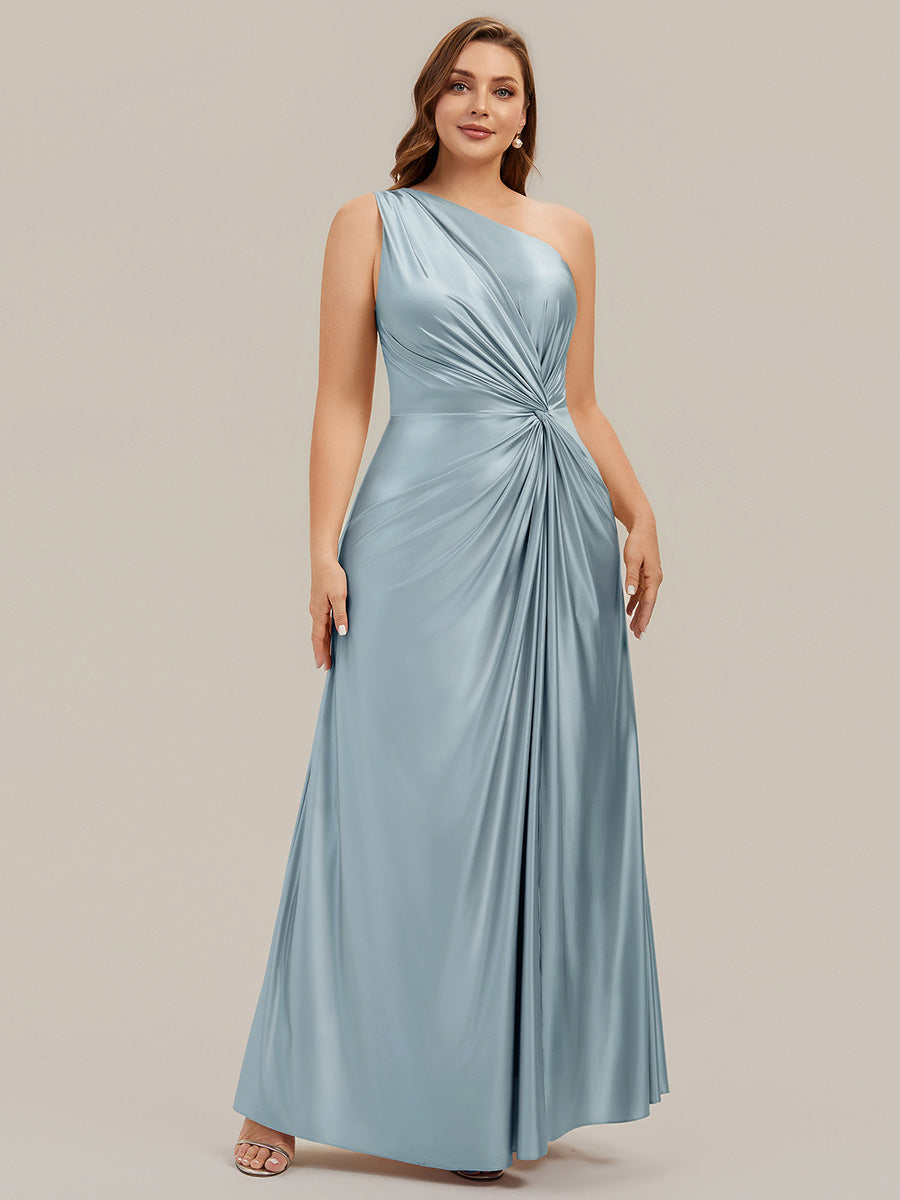 open lace back dress One Shoulder Satin Maxi Bridesmaid Dress with Draped Waist