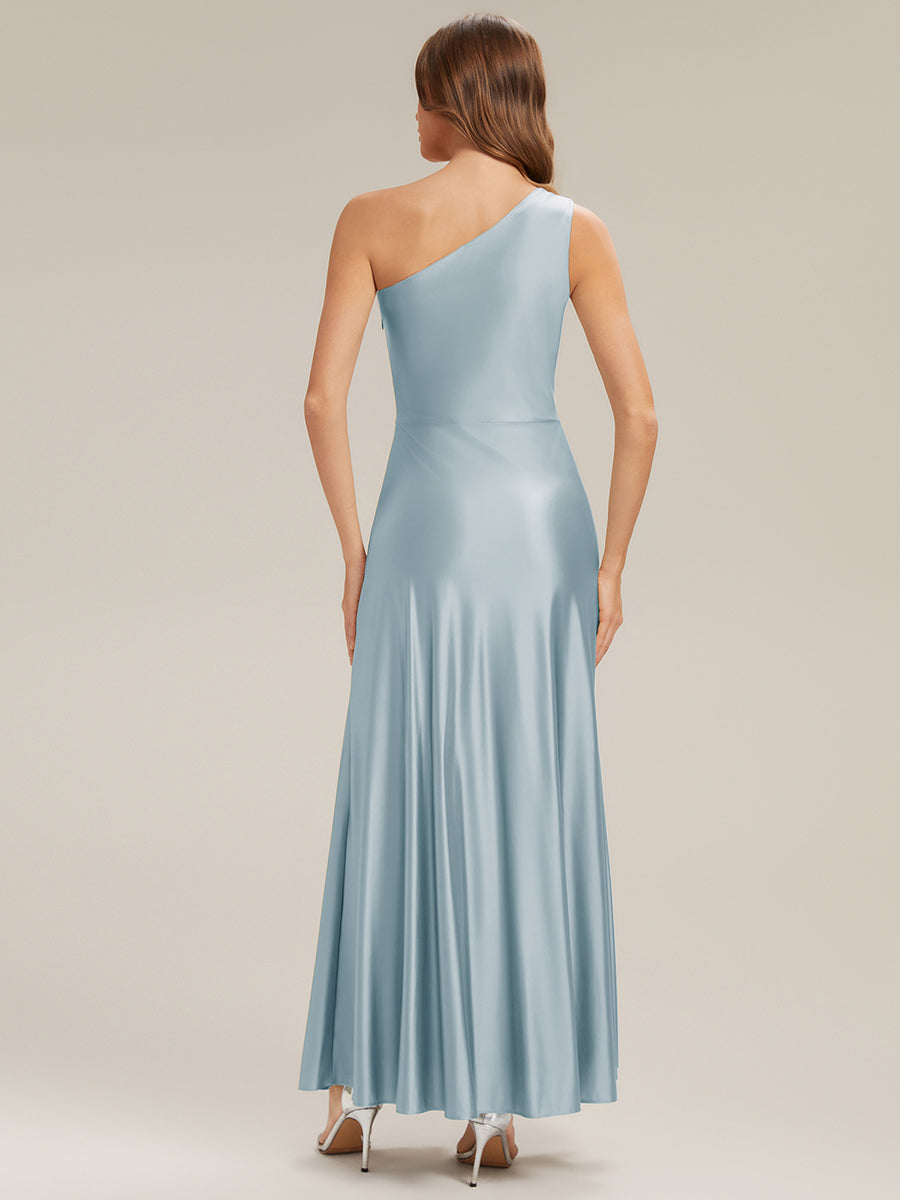 iridescent bridesmaid dresses One Shoulder Satin Maxi Bridesmaid Dress with Draped Waist