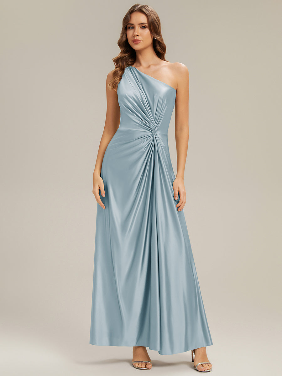 iridescent bridesmaid dresses One Shoulder Satin Maxi Bridesmaid Dress with Draped Waist
