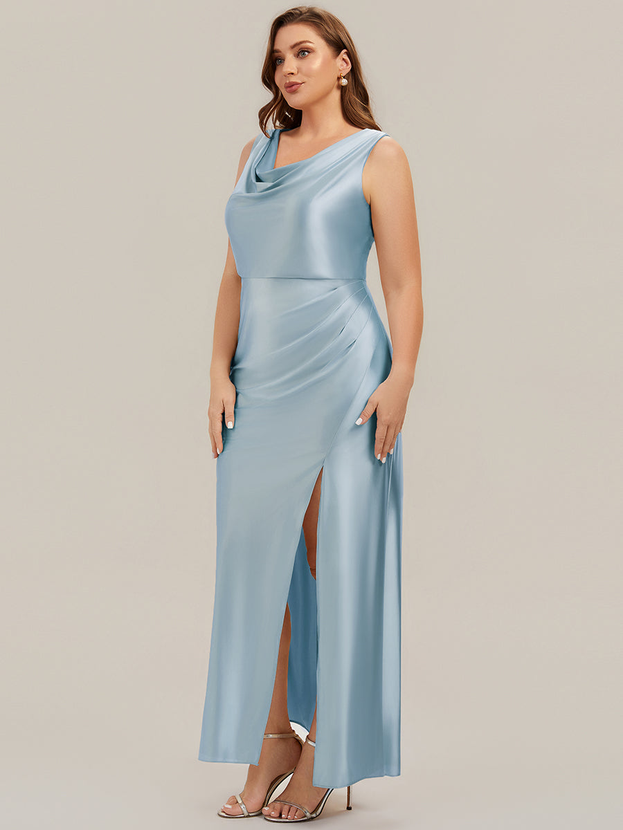 Thigh-High Slit Satin Sleeveless Bridesmaid Dress #color_Sky Blue