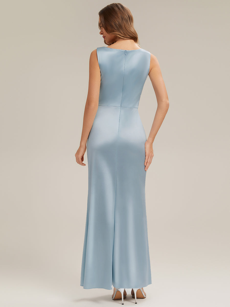Thigh-High Slit Satin Sleeveless Bridesmaid Dress #color_Sky Blue
