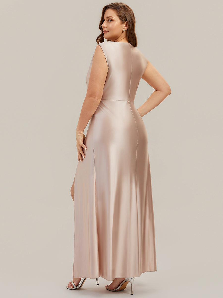 Thigh-High Slit Satin Sleeveless Bridesmaid Dress #color_Champagne