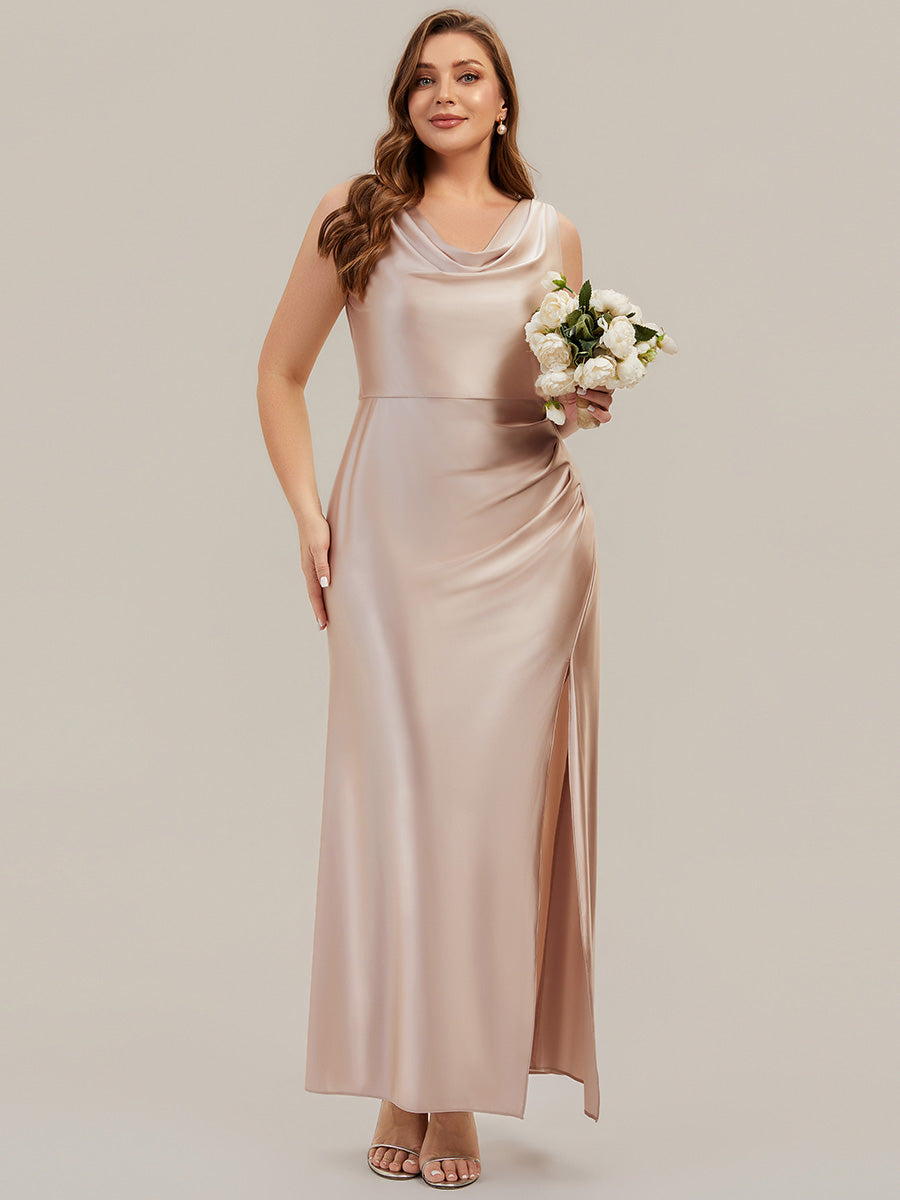 Thigh-High Slit Satin Sleeveless Bridesmaid Dress #color_Champagne