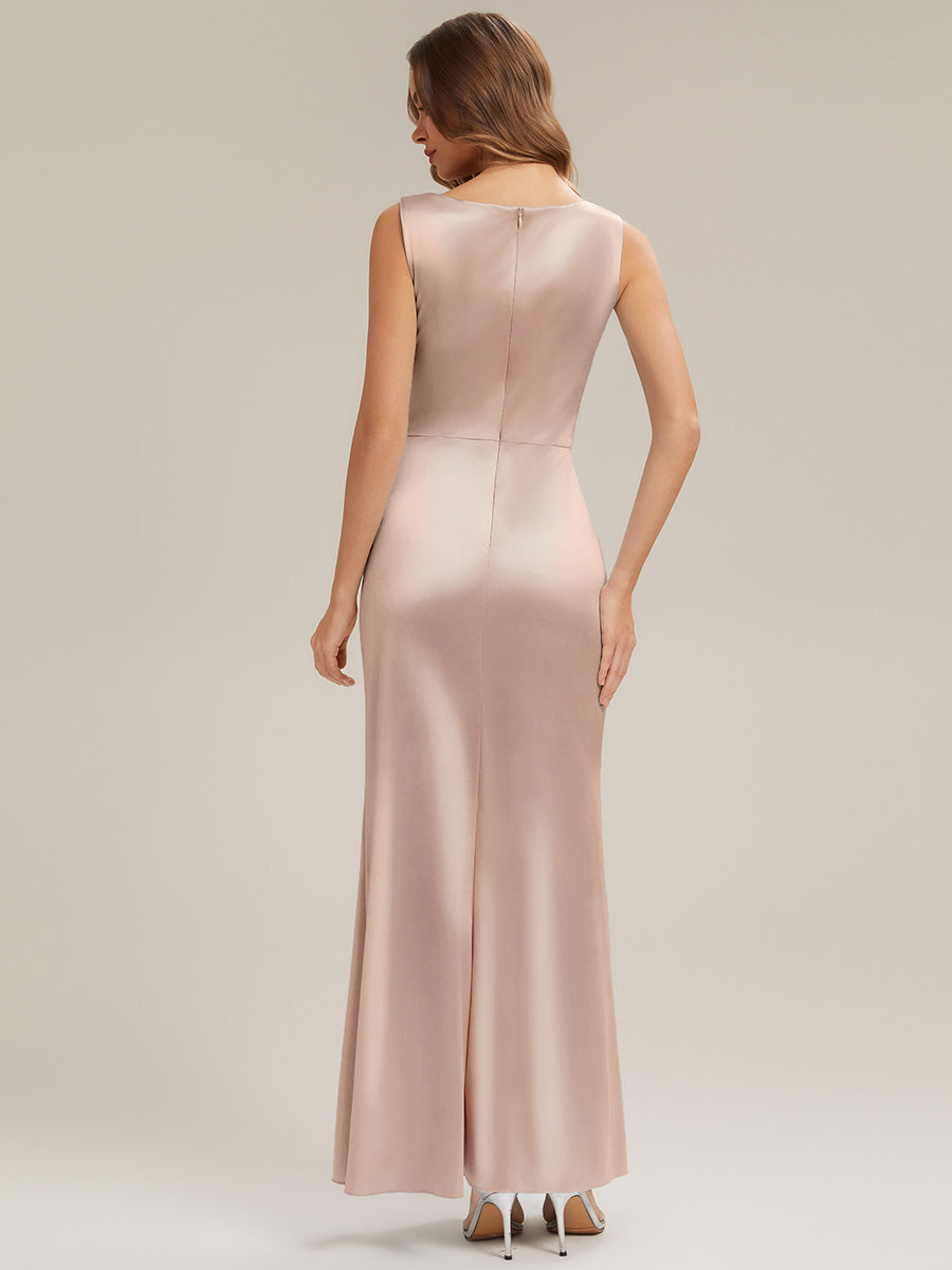 Thigh-High Slit Satin Sleeveless Bridesmaid Dress #color_Champagne