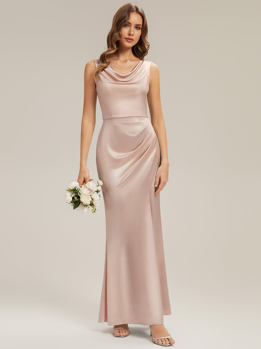 Thigh-High Slit Satin Sleeveless Bridesmaid Dress #color_Champagne