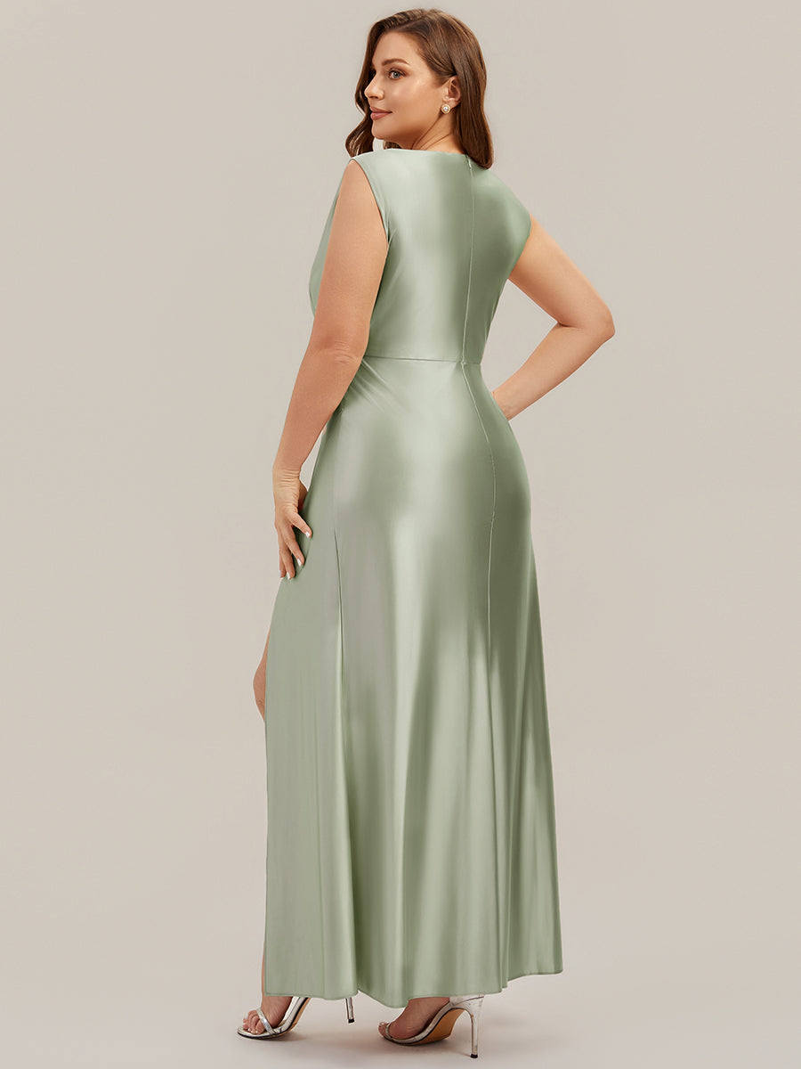 Thigh-High Slit Satin Sleeveless Bridesmaid Dress #color_Sage Green