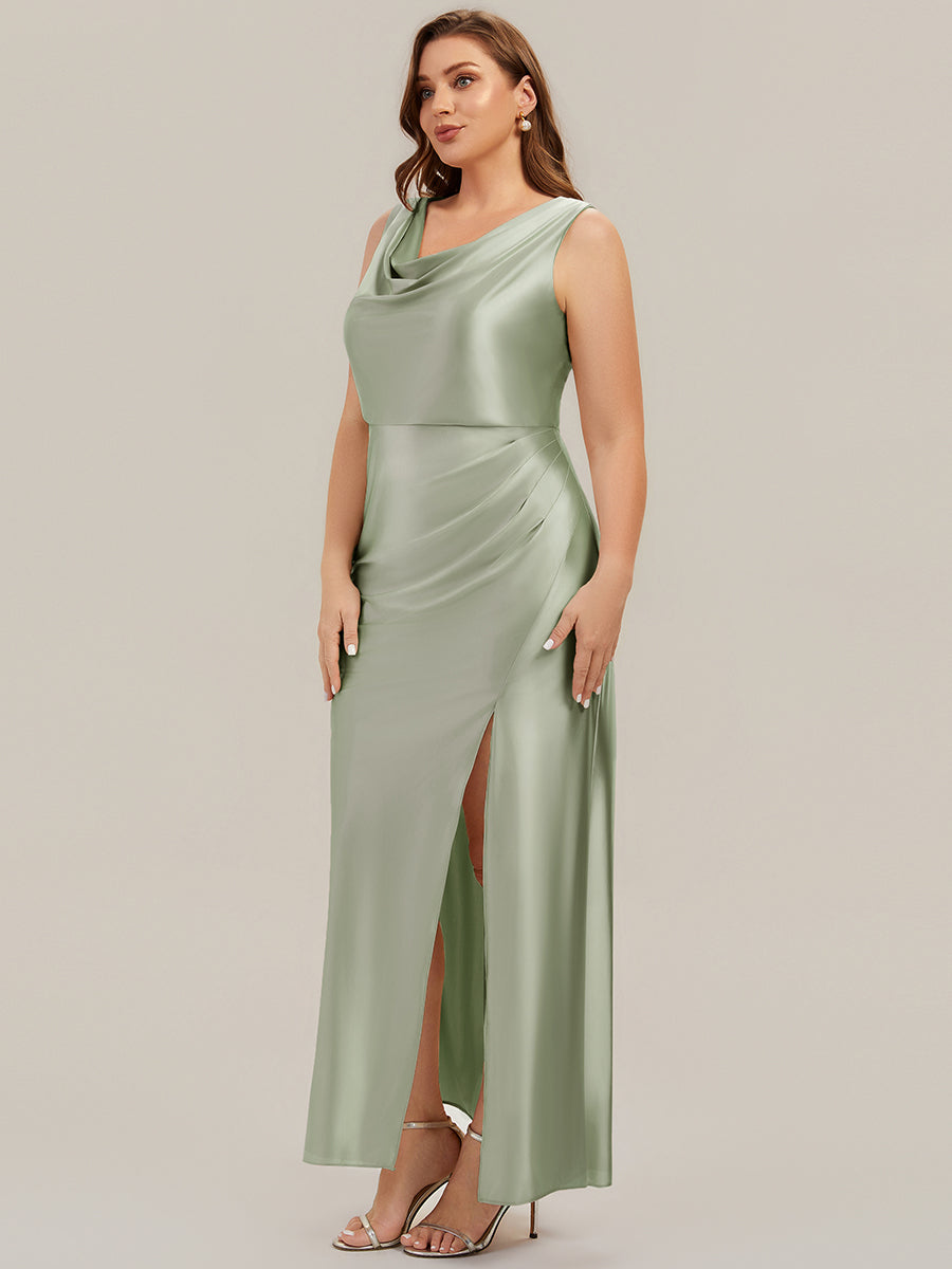 Thigh-High Slit Satin Sleeveless Bridesmaid Dress #color_Sage Green