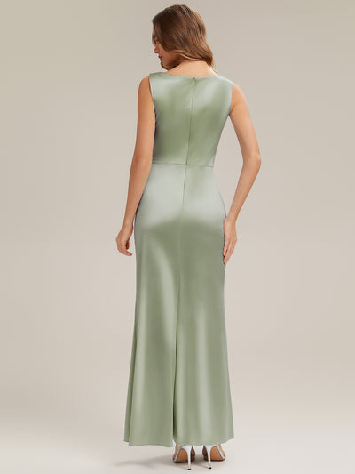 Thigh-High Slit Satin Sleeveless Bridesmaid Dress #color_Sage Green