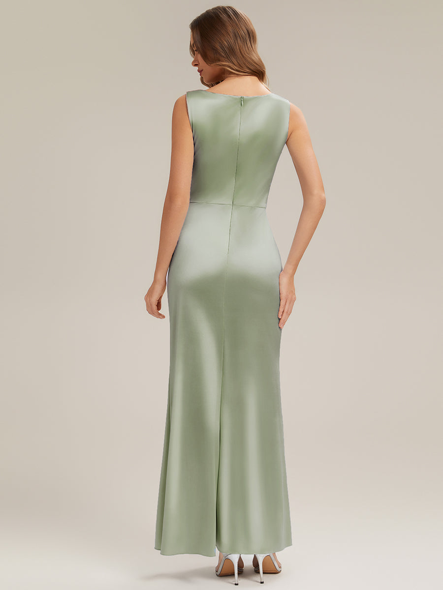 Thigh-High Slit Satin Sleeveless Bridesmaid Dress #color_Sage Green