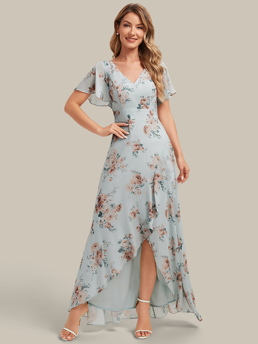 High Low Chiffon Ruffle Sleeve Bridesmaid Dress #color_Amber Bloom