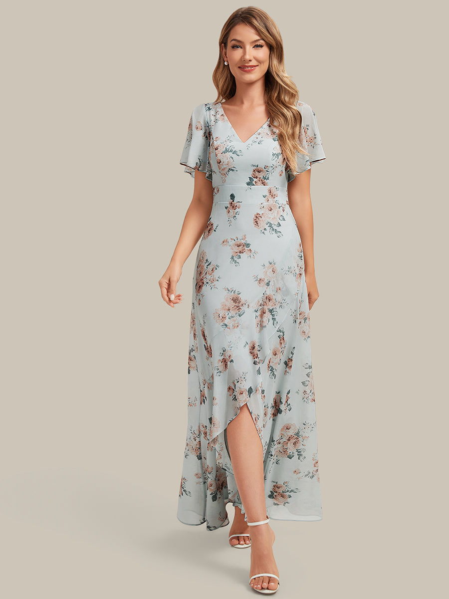 High Low Chiffon Ruffle Sleeve Bridesmaid Dress #color_Amber Bloom