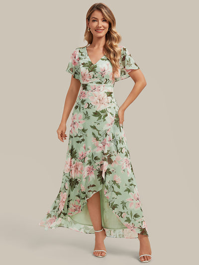 High Low Chiffon Ruffle Sleeve Bridesmaid Dress