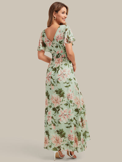 High Low Chiffon Ruffle Sleeve Bridesmaid Dress #color_Light Green Floral
