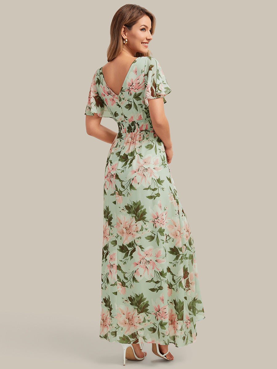 High Low Chiffon Ruffle Sleeve Bridesmaid Dress #color_Light Green Floral