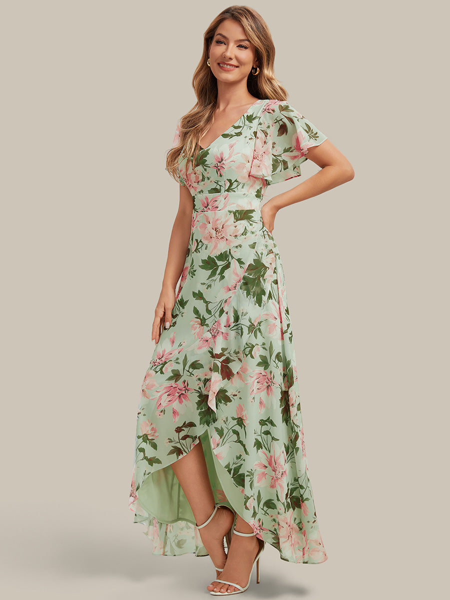 High Low Chiffon Ruffle Sleeve Bridesmaid Dress #color_Light Green Floral
