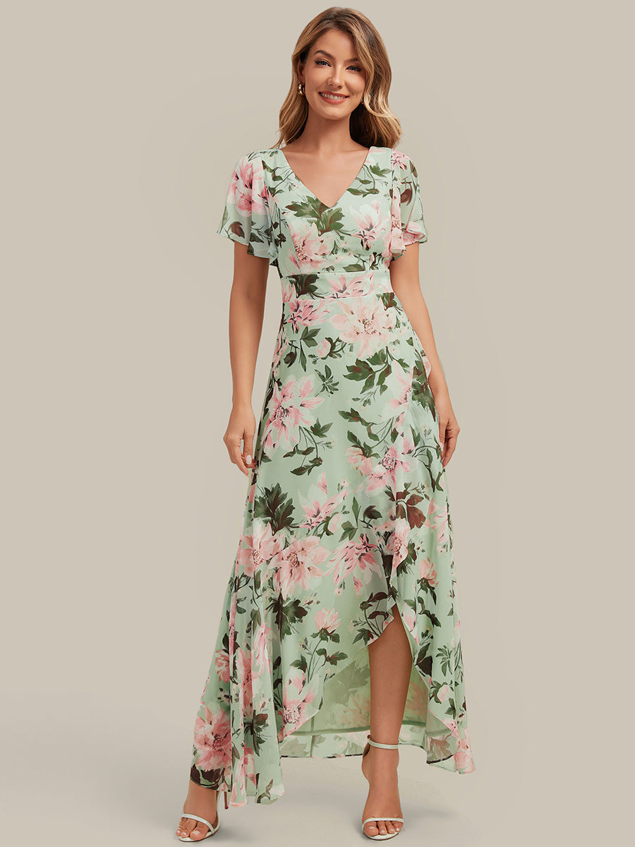 High Low Chiffon Ruffle Sleeve Bridesmaid Dress #color_Light Green Floral