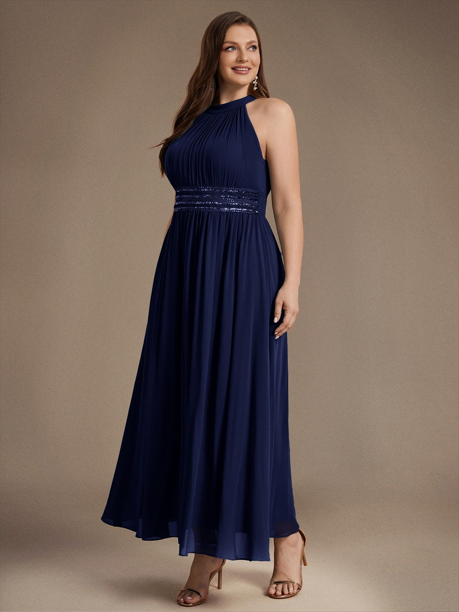 Chiffon Halter Sleeveless A-Line Bridesmaid Dress #color_Navy Blue