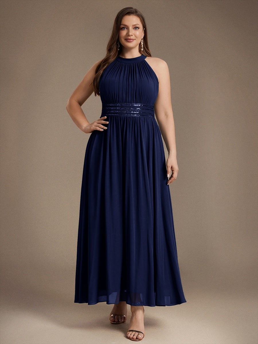 Chiffon Halter Sleeveless A-Line Bridesmaid Dress #color_Navy Blue