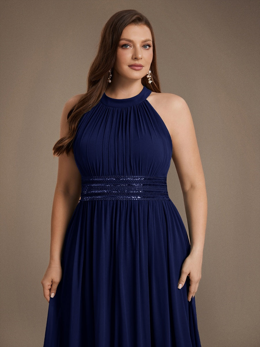 Chiffon Halter Sleeveless A-Line Bridesmaid Dress #color_Navy Blue