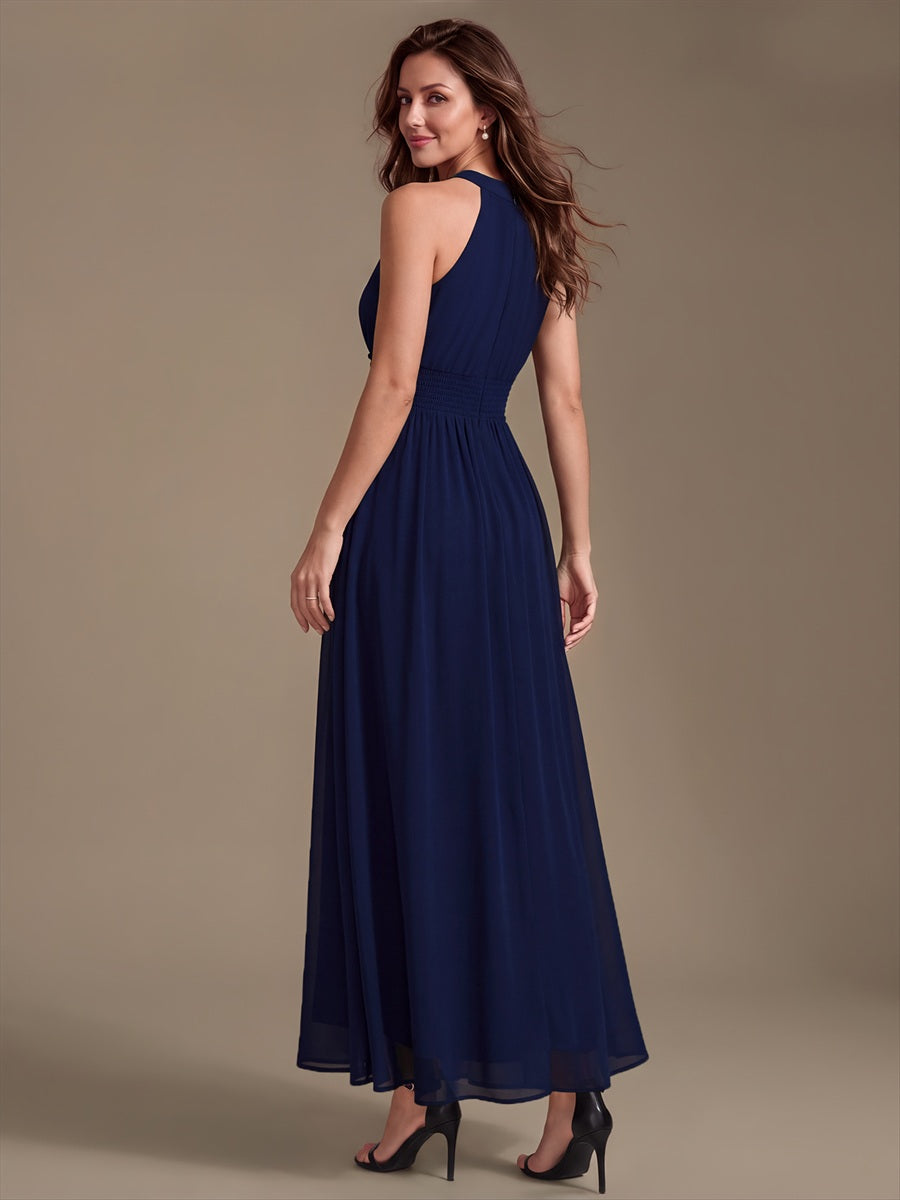 Chiffon Halter Sleeveless A-Line Bridesmaid Dress #color_Navy Blue