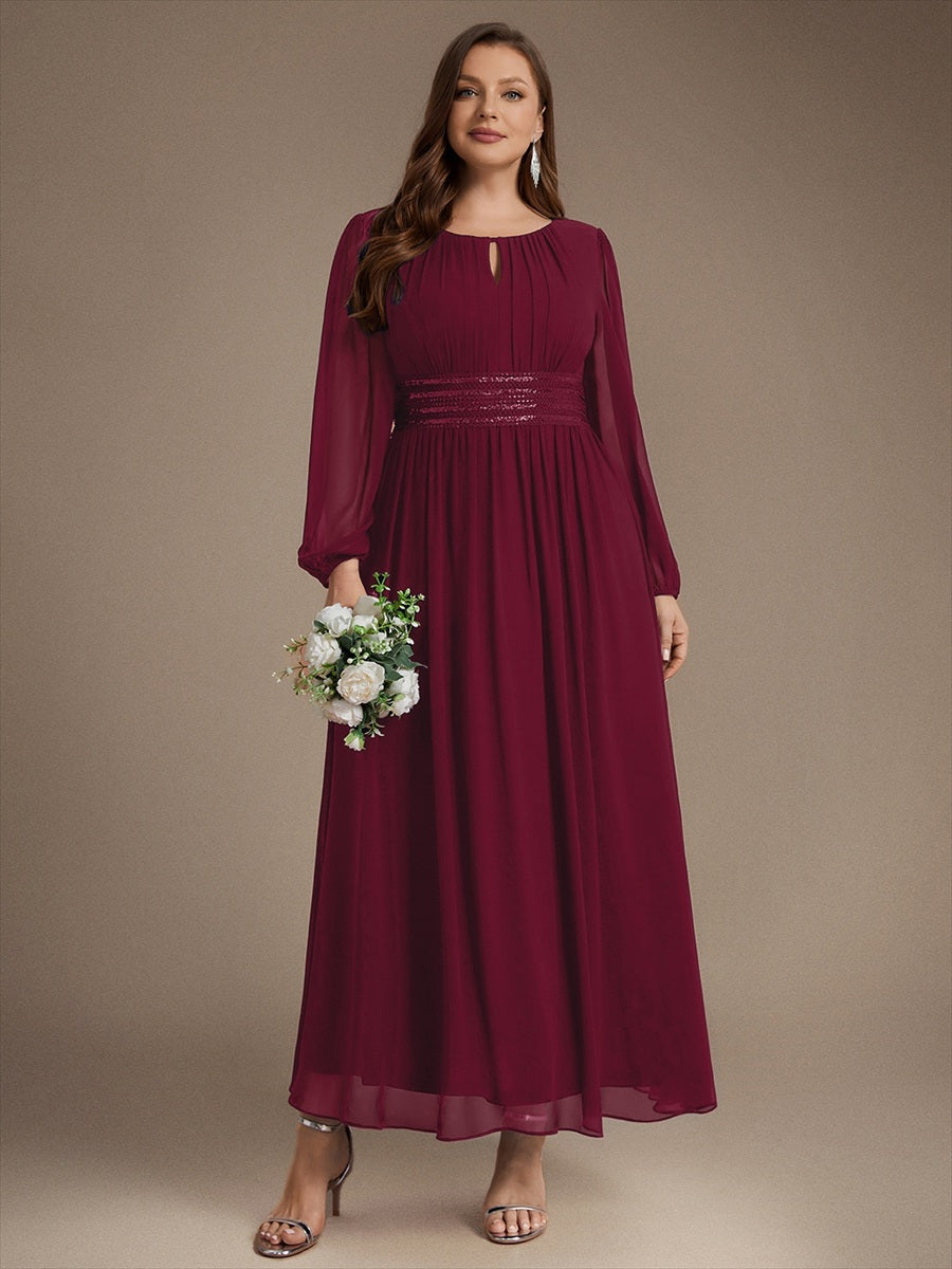 Sequin Chiffon Puff Sleeve Bridesmaid Dress #color_Burgundy