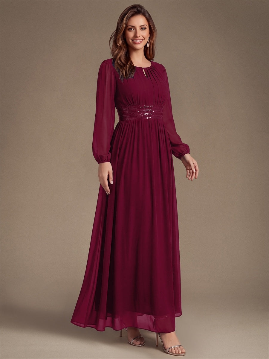 Sequin Chiffon Puff Sleeve Bridesmaid Dress #color_Burgundy