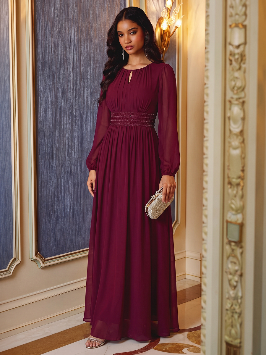 Sequin Chiffon Puff Sleeve Bridesmaid Dress #color_Burgundy