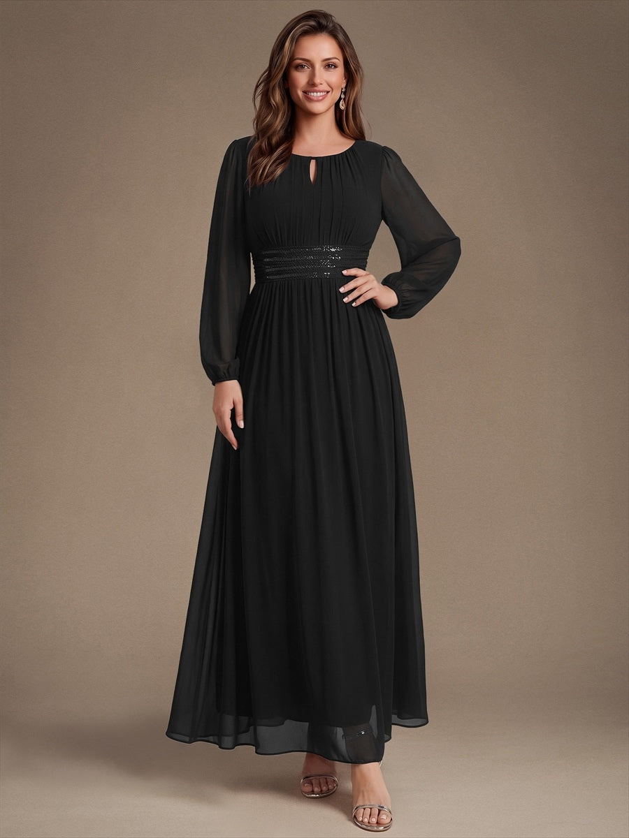 Sequin Chiffon Puff Sleeve Bridesmaid Dress #color_Black