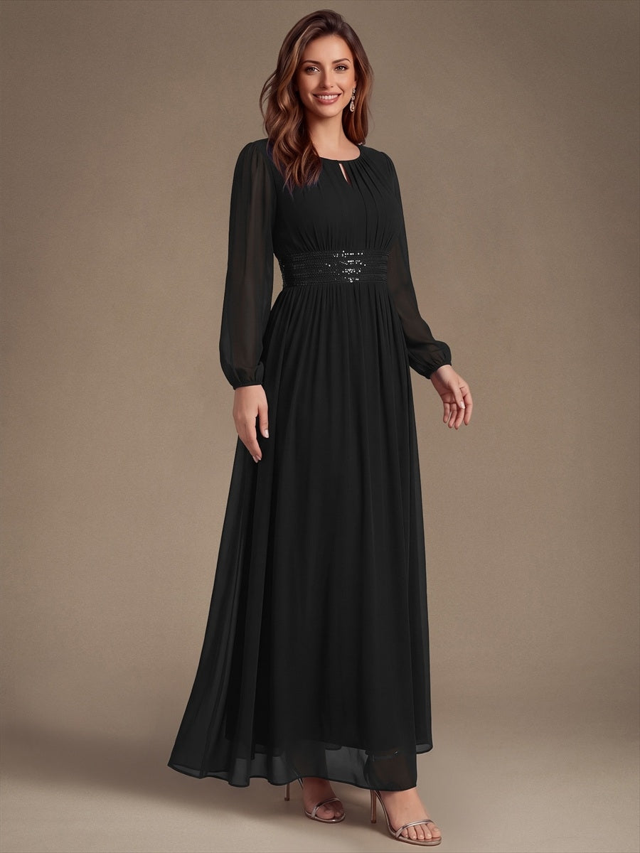 Sequin Chiffon Puff Sleeve Bridesmaid Dress #color_Black
