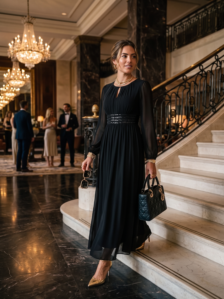 Sequin Chiffon Puff Sleeve Bridesmaid Dress #color_Black