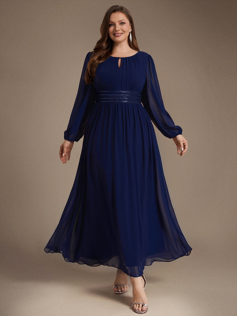 Sequin Chiffon Puff Sleeve Bridesmaid Dress #color_Navy Blue