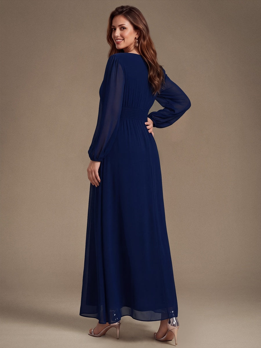 Sequin Chiffon Puff Sleeve Bridesmaid Dress #color_Navy Blue