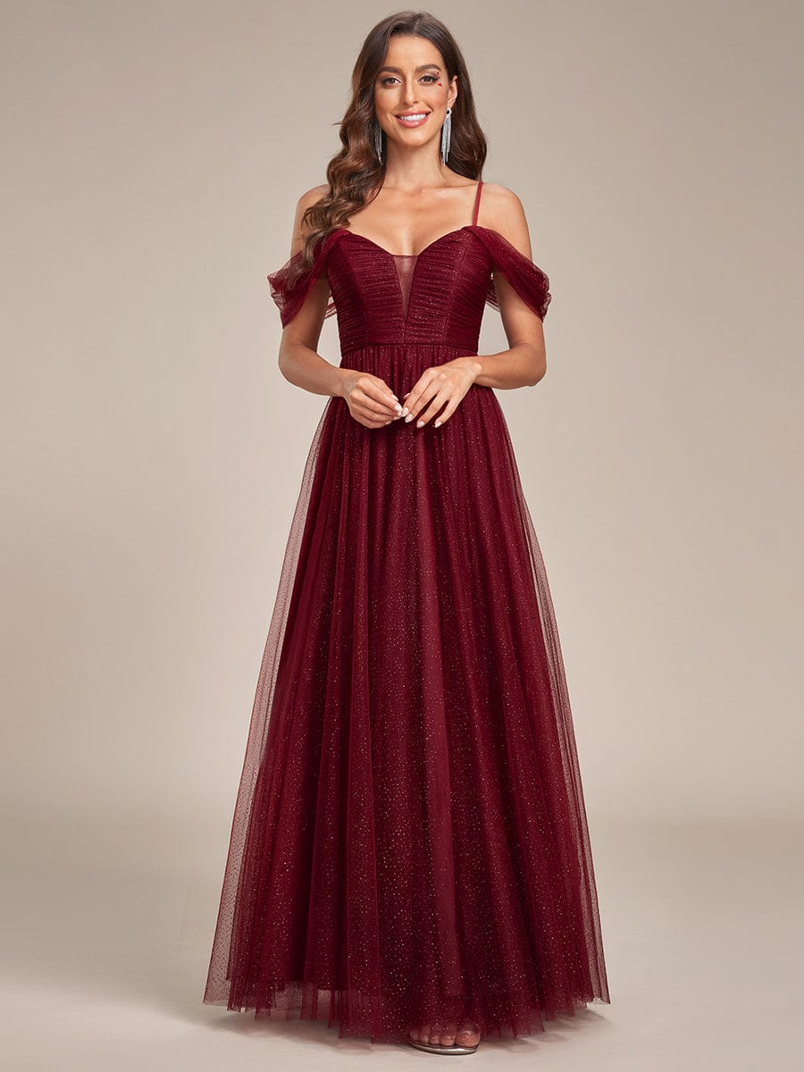 Cold Shoulder Spaghetti Strap Pleated Sequin Tulle Bridesmaid Dress