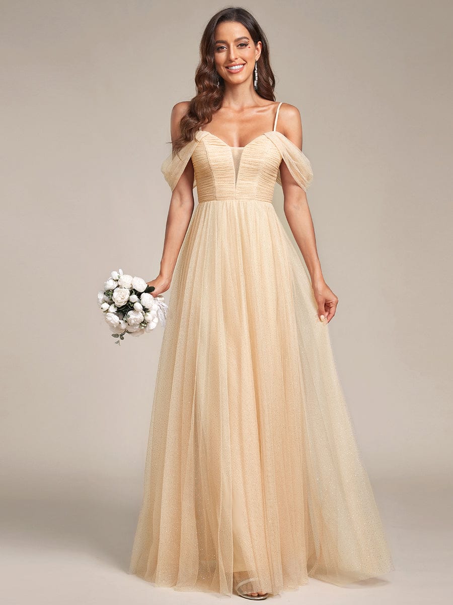 Cold Shoulder Spaghetti Strap Pleated Sequin Tulle Bridesmaid Dress #color_Gold
