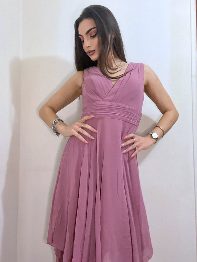 ever ELORA|V Neck Ruched Asymmetrical Hems Midi Chiffon Bridesmaid Dress Fan Photos 1
