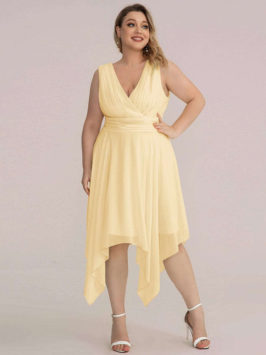Plus Size Double V Neck Ruched-Waist Midi Chiffon Bridesmaid Dress #color_Yellow