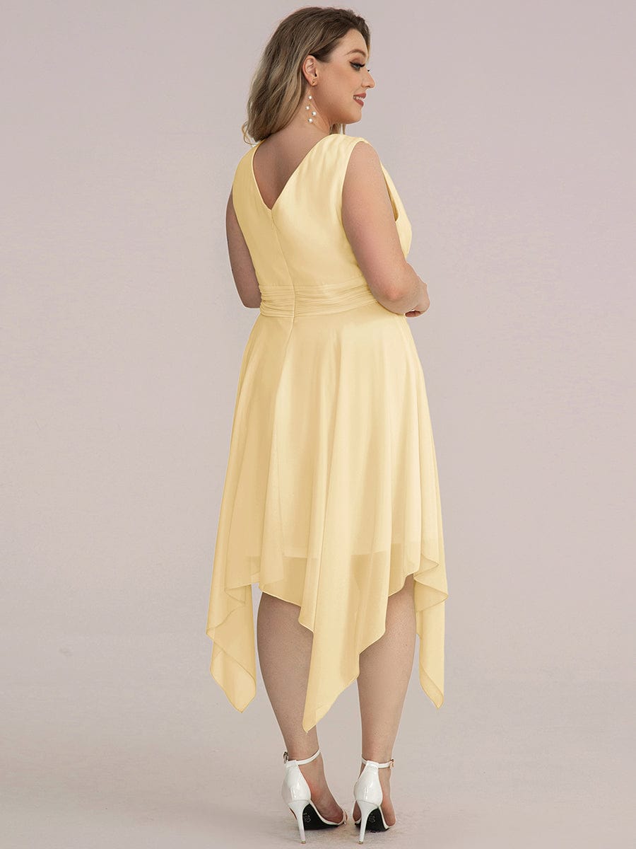 Plus Size Double V Neck Ruched-Waist Midi Chiffon Bridesmaid Dress #color_Yellow