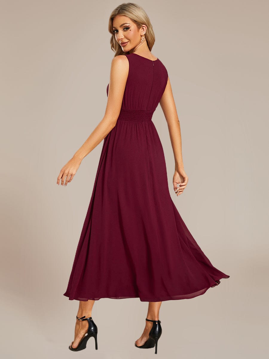 Ruched Chiffon Cutout Sleeveless Dress #color_Burgundy